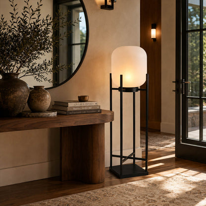Larsen Black outdoor lantern front porch entryway welcoming evening modern Scandinavian warm glow home approach lifestyle