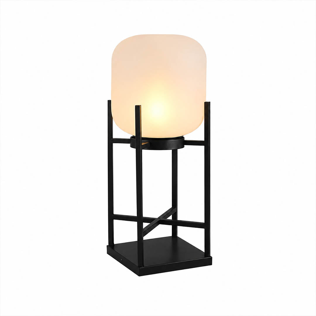 Larsen outdoor lantern floor lamp Black 30 inch tall modern Scandinavian stainless steel pathway garden patio white background