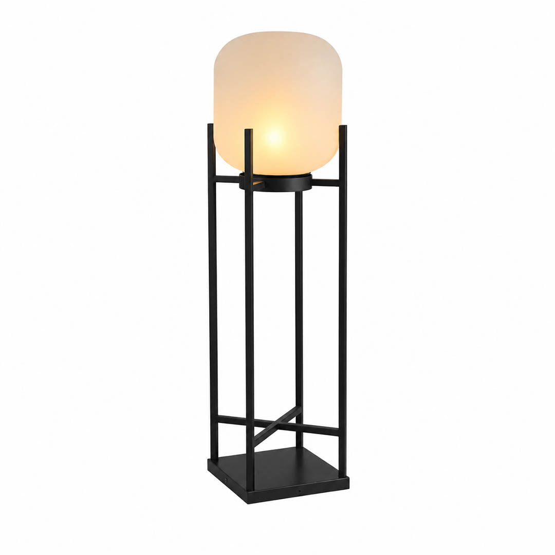 Larsen outdoor lantern floor lamp Black 30 inch tall modern Scandinavian stainless steel pathway garden patio white background