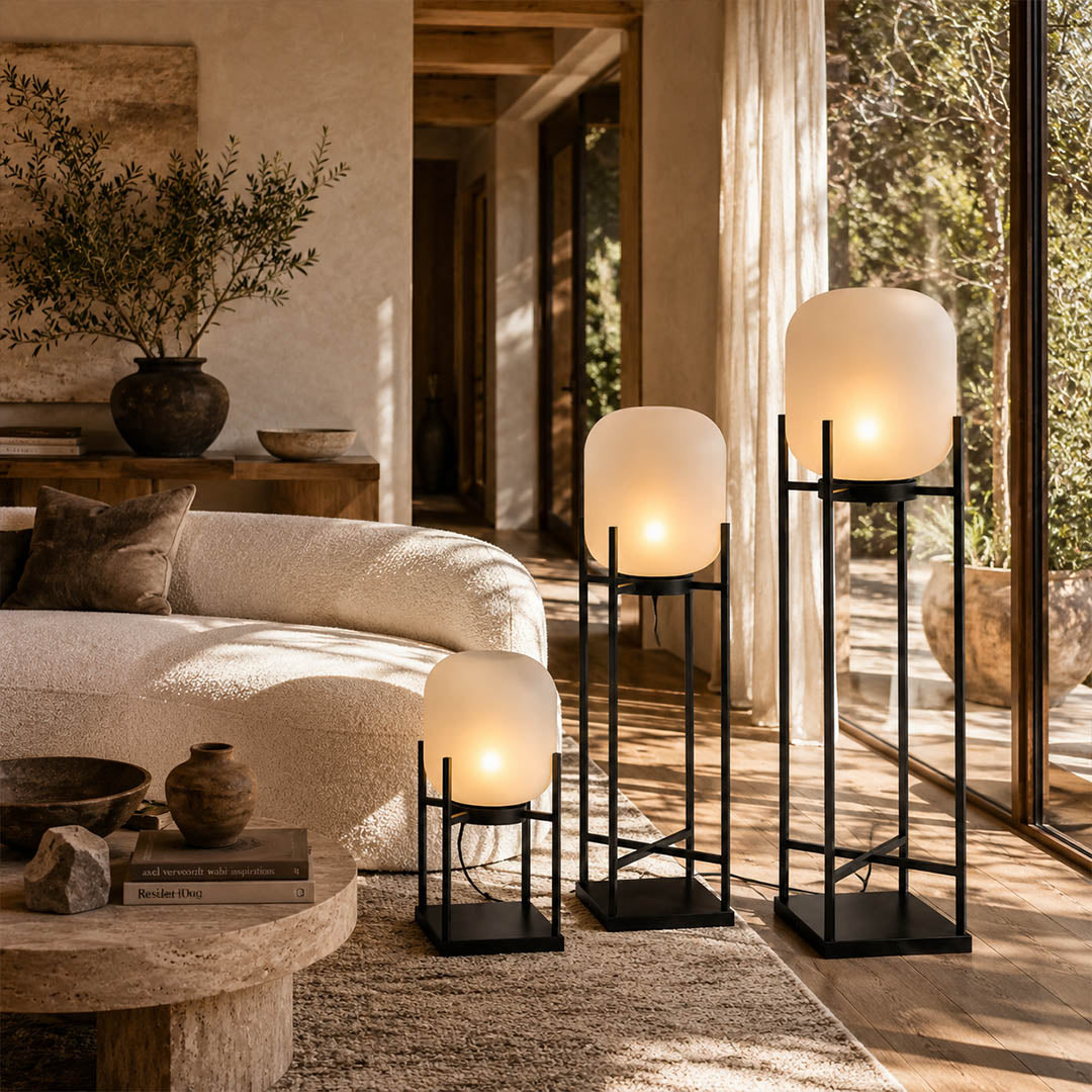 Larsen outdoor lantern floor lamp 3 sizes 19 30 39 inch height comparison side by side Black White choice helper