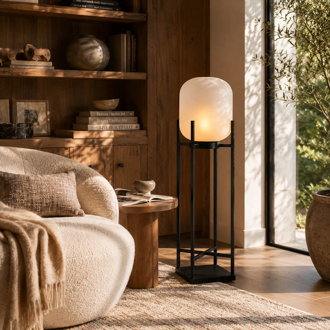 Larsen large 39 inch outdoor lantern pool side modern luxury Scandinavian summer evening warm glow architectural lifestyle