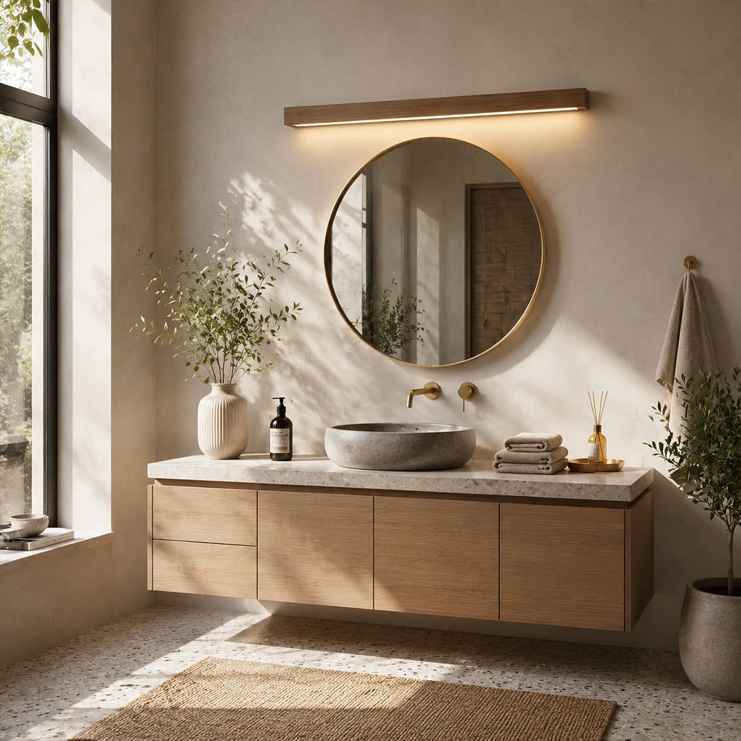 Larsson linear wood wall light bathroom vanity mirror above wood slim warm LED even glow American home lifestyle interior styled