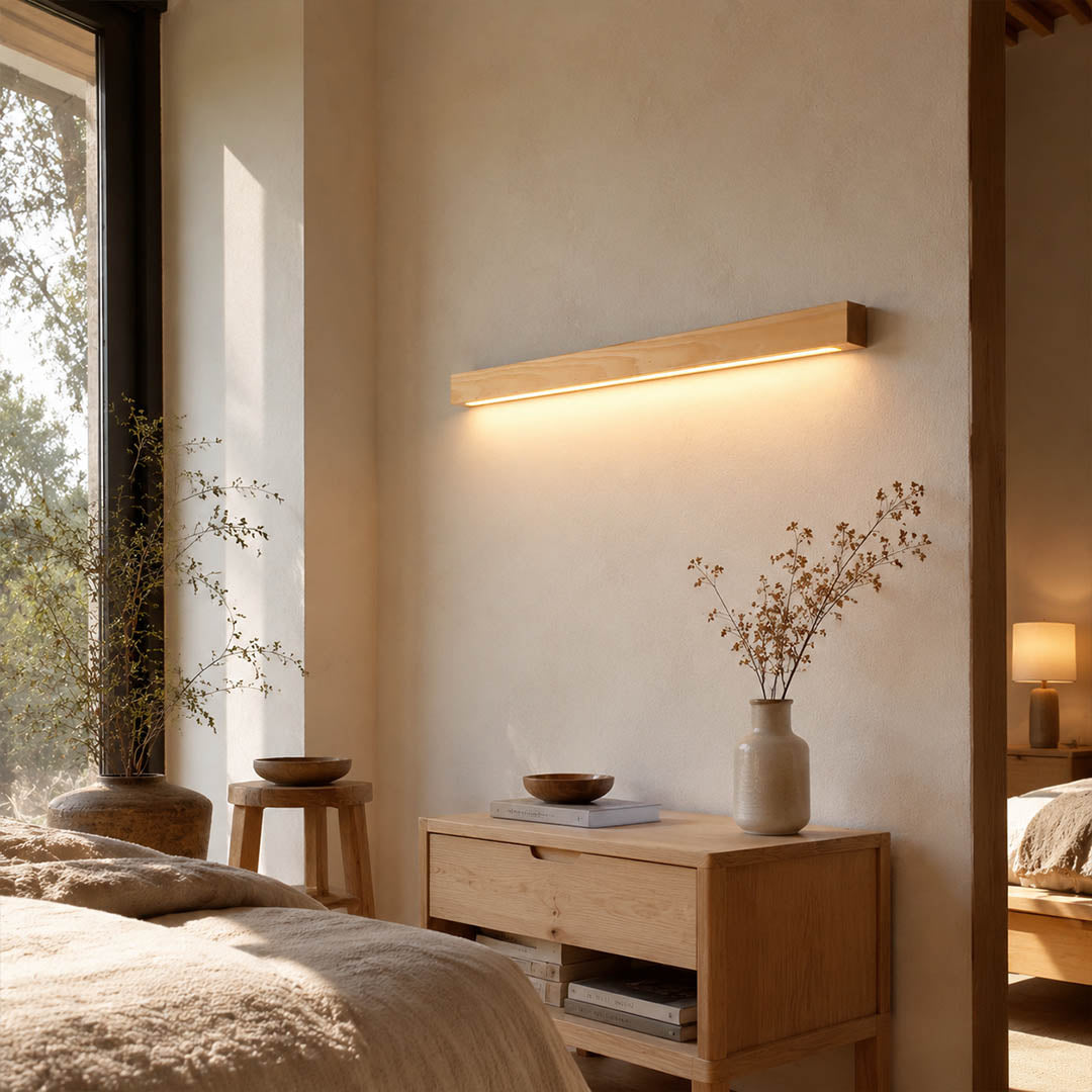 Larsson linear wood wall light hallway corridor horizontal wall mounted slim wood warm LED glow American home lifestyle interior