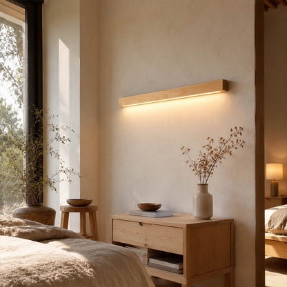Larsson linear wood wall light hallway corridor horizontal wall mounted slim wood warm LED glow American home lifestyle interior