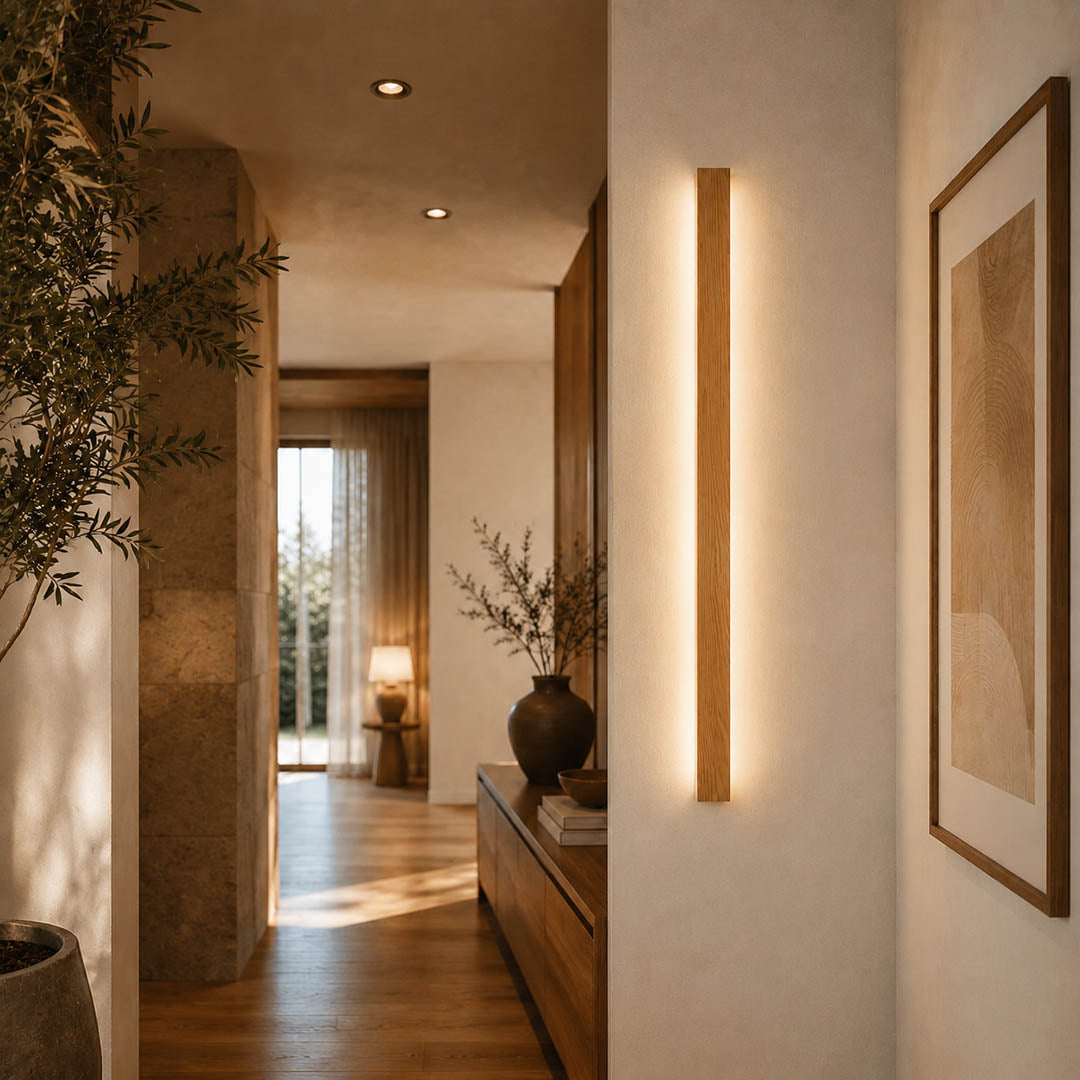 Larsson linear wood wall light entryway foyer wall slim wood warm LED welcoming minimalist American home lifestyle interior
