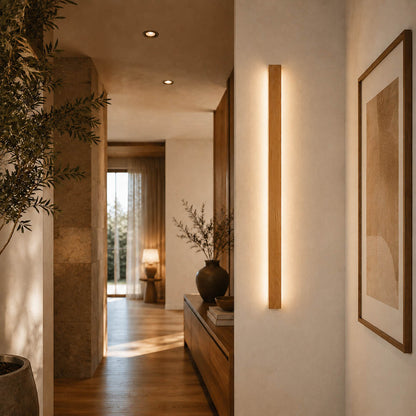 Larsson linear wood wall light entryway foyer wall slim wood warm LED welcoming minimalist American home lifestyle interior