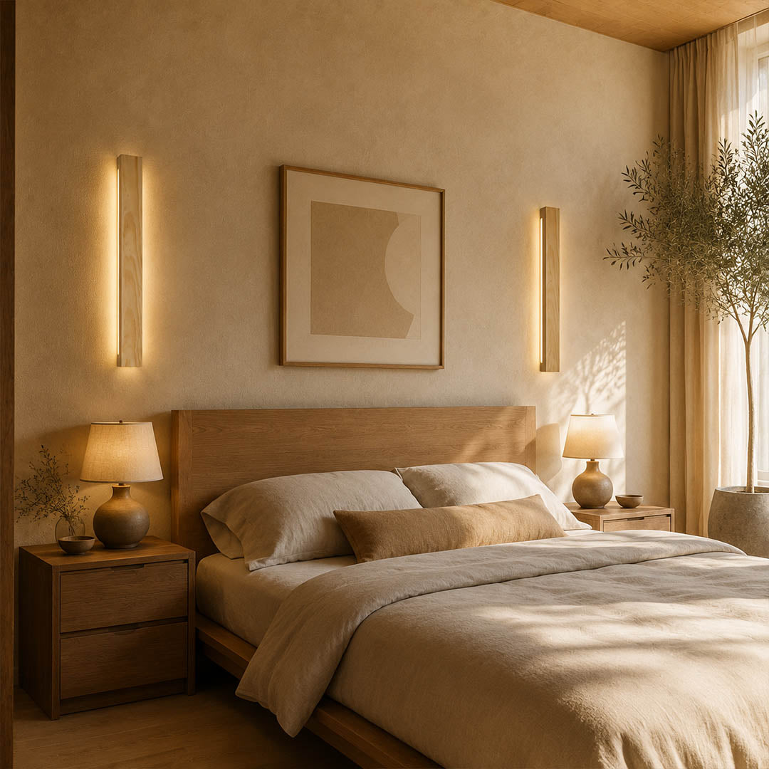 Larsson linear wood wall light bedroom above bed headboard horizontal slim wood warm LED American home lifestyle interior styled