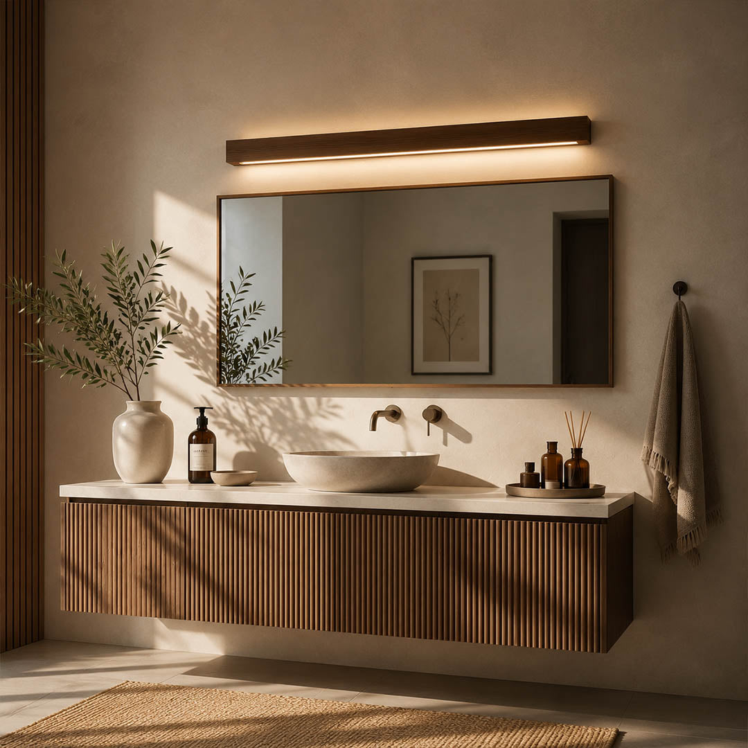 Larsson linear wood wall light bathroom vanity mirror above wood slim warm LED even glow American home lifestyle interior styled