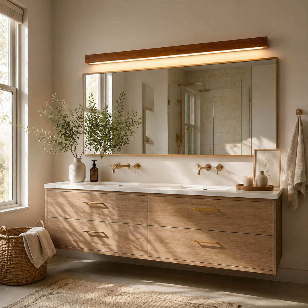 Larsson linear wood wall light bathroom vanity mirror above wood slim warm LED even glow American home lifestyle interior styled