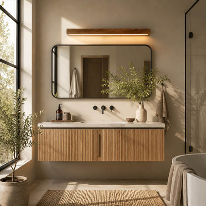 Larsson linear wood wall light bathroom vanity mirror above wood slim warm LED even glow American home lifestyle interior styled