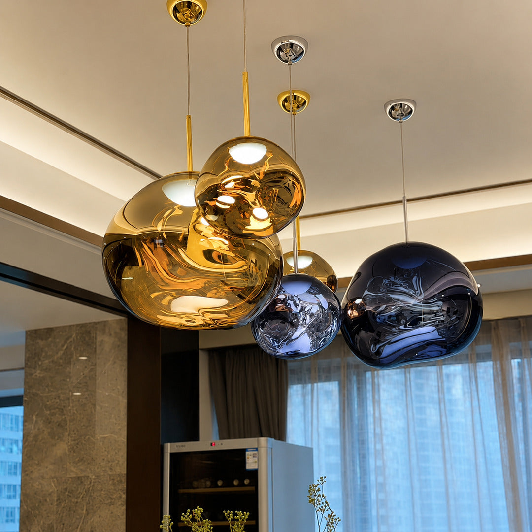 Lava pendant light as a sculptural centerpiece above a modern living room