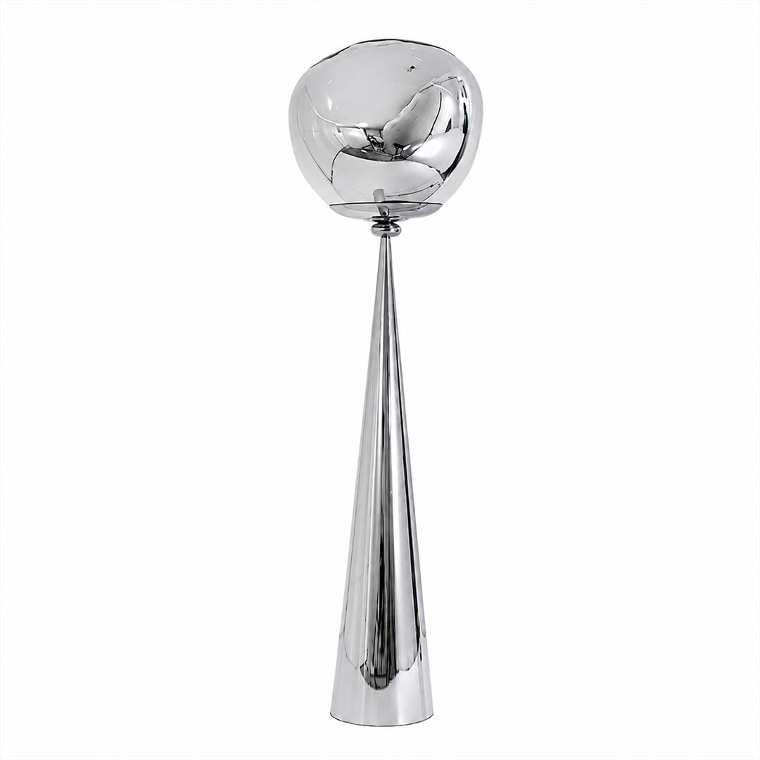 Lava sculptural floor lamp chrome metallic twisted molten spherical shade modern statement white background front view