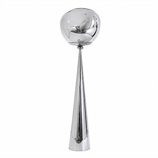 Lava sculptural floor lamp chrome metallic twisted molten spherical shade modern statement white background front view