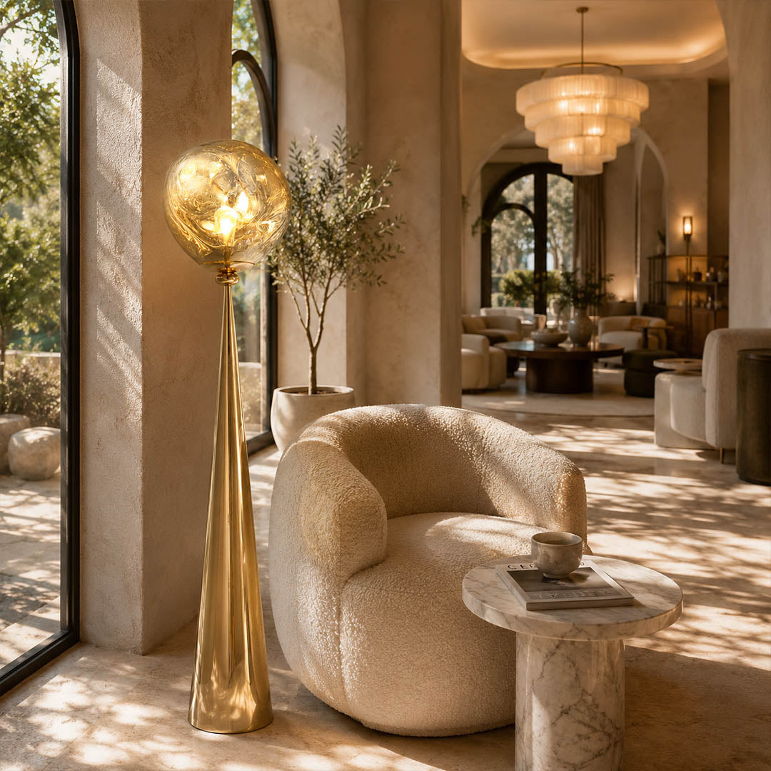 Lava sculptural floor lamp boutique hotel lobby corner gold molten metallic sculptural statement hospitality American commercial interior