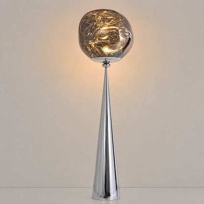 Lava sculptural floor lamp black smoky twisted molten spherical shade modern statement white background front view