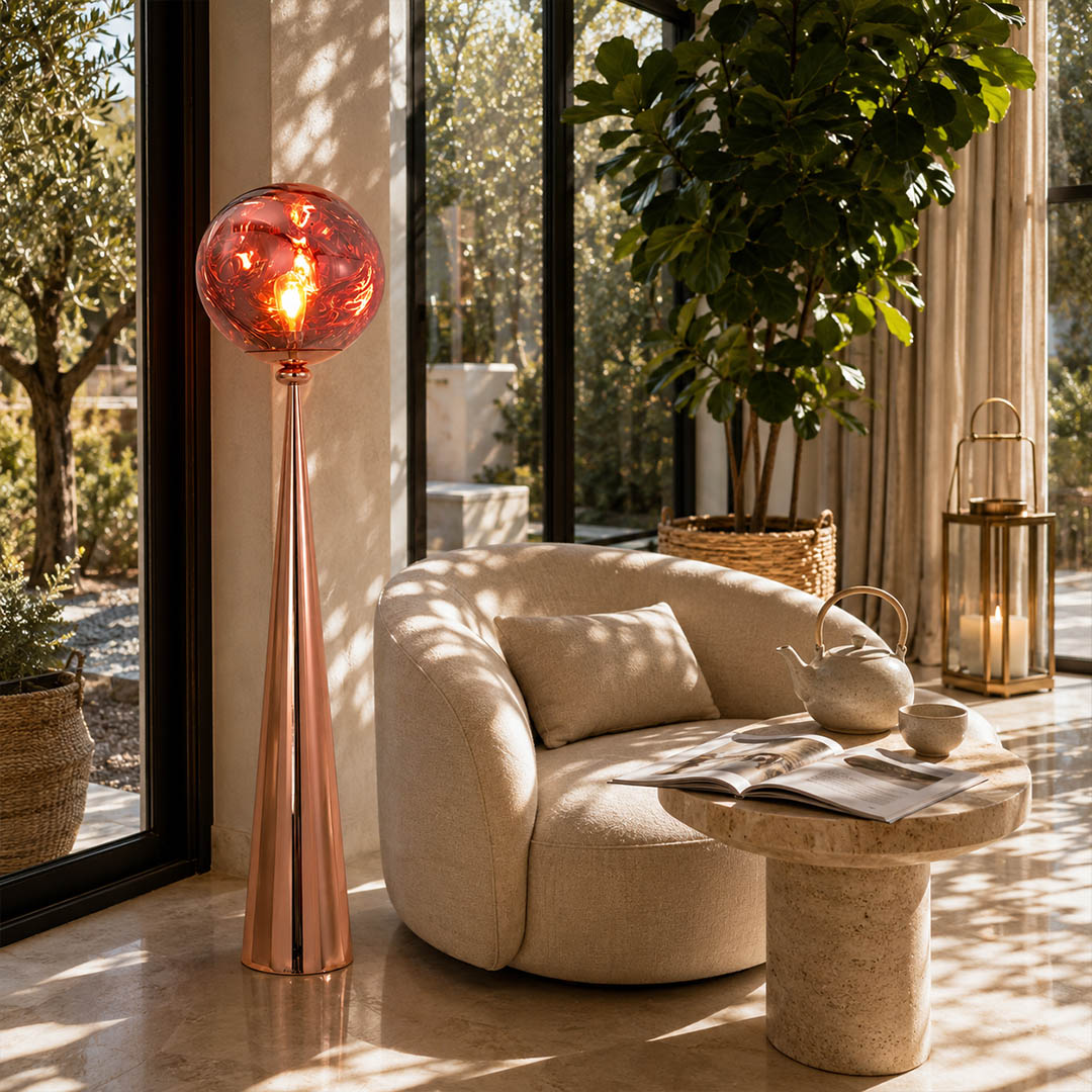 Lava sculptural floor lamp living room beside leather recliner reading corner chrome molten statement American home lifestyle interior