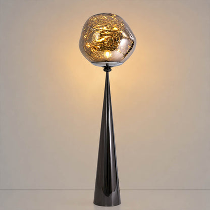 Lava sculptural floor lamp black smoky twisted molten spherical shade modern statement white background front view
