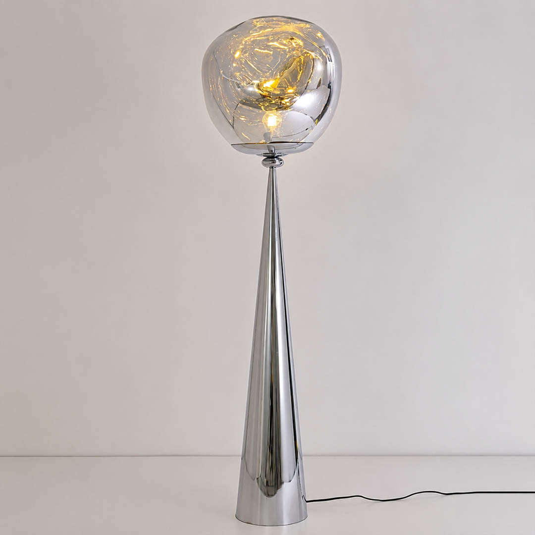 Lava sculptural floor lamp chrome metallic twisted molten spherical shade modern statement white background front view
