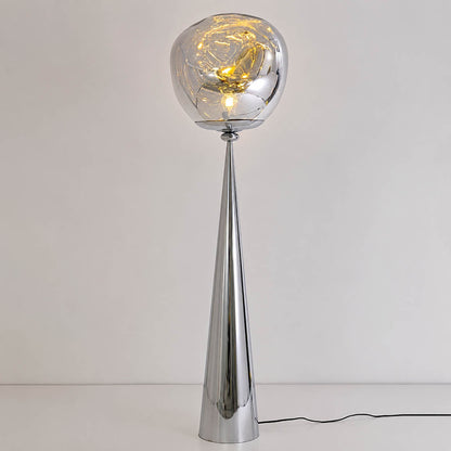 Lava sculptural floor lamp chrome metallic twisted molten spherical shade modern statement white background front view