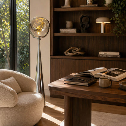 Lava sculptural floor lamp home office corner chrome molten metallic modern ambient American home lifestyle interior
