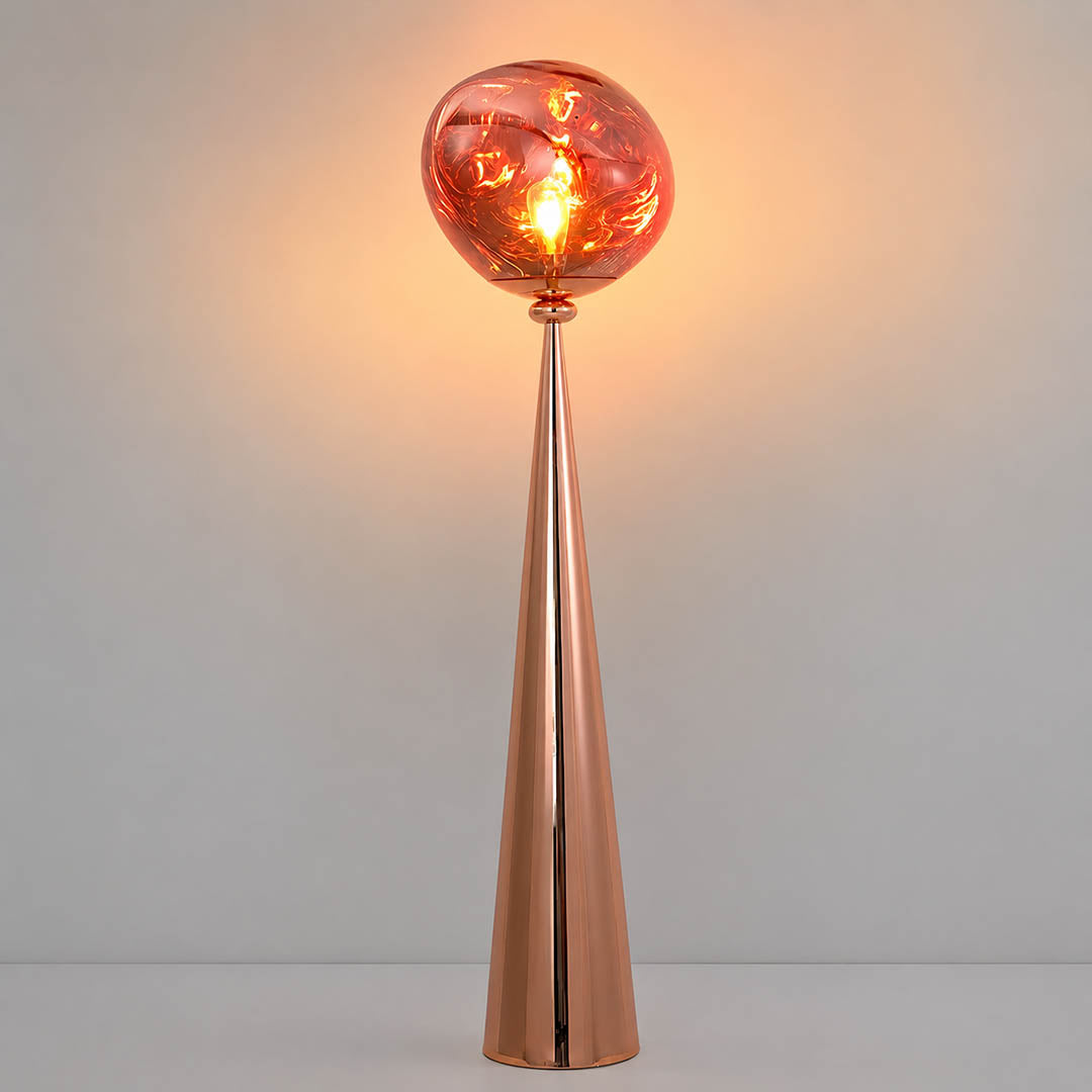 Lava sculptural floor lamp red metallic twisted molten spherical shade bold statement white background front view