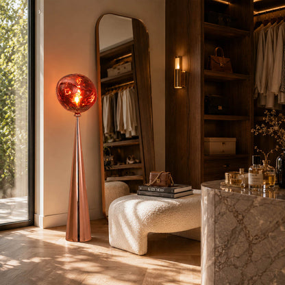 Lava sculptural floor lamp red bold modern eclectic living room molten metallic art statement American home lifestyle interior