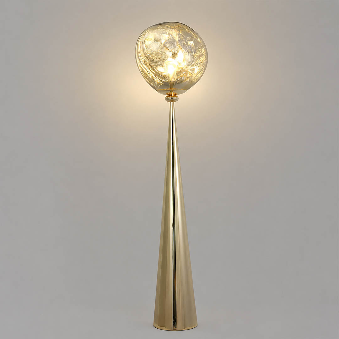 Lava sculptural floor lamp gold metallic twisted molten spherical shade modern statement white background front view