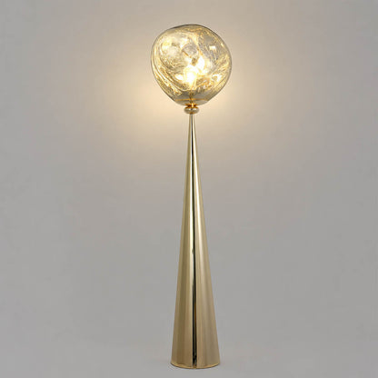 Lava sculptural floor lamp gold metallic twisted molten spherical shade modern statement white background front view