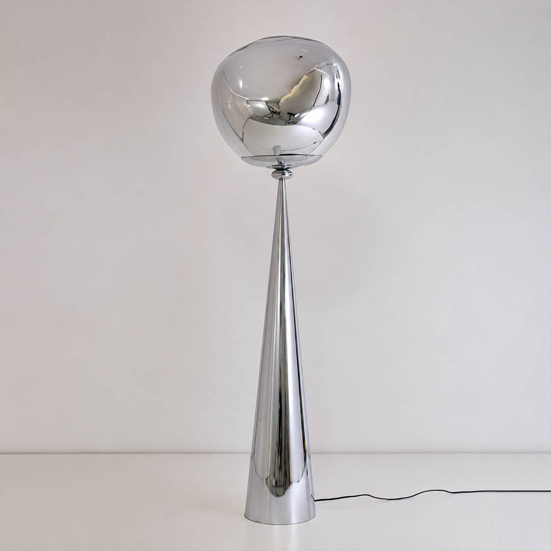 Lava sculptural floor lamp chrome metallic twisted molten spherical shade modern statement white background front view
