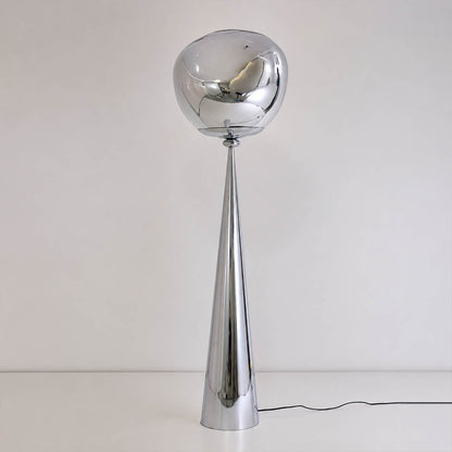 Lava sculptural floor lamp chrome metallic twisted molten spherical shade modern statement white background front view