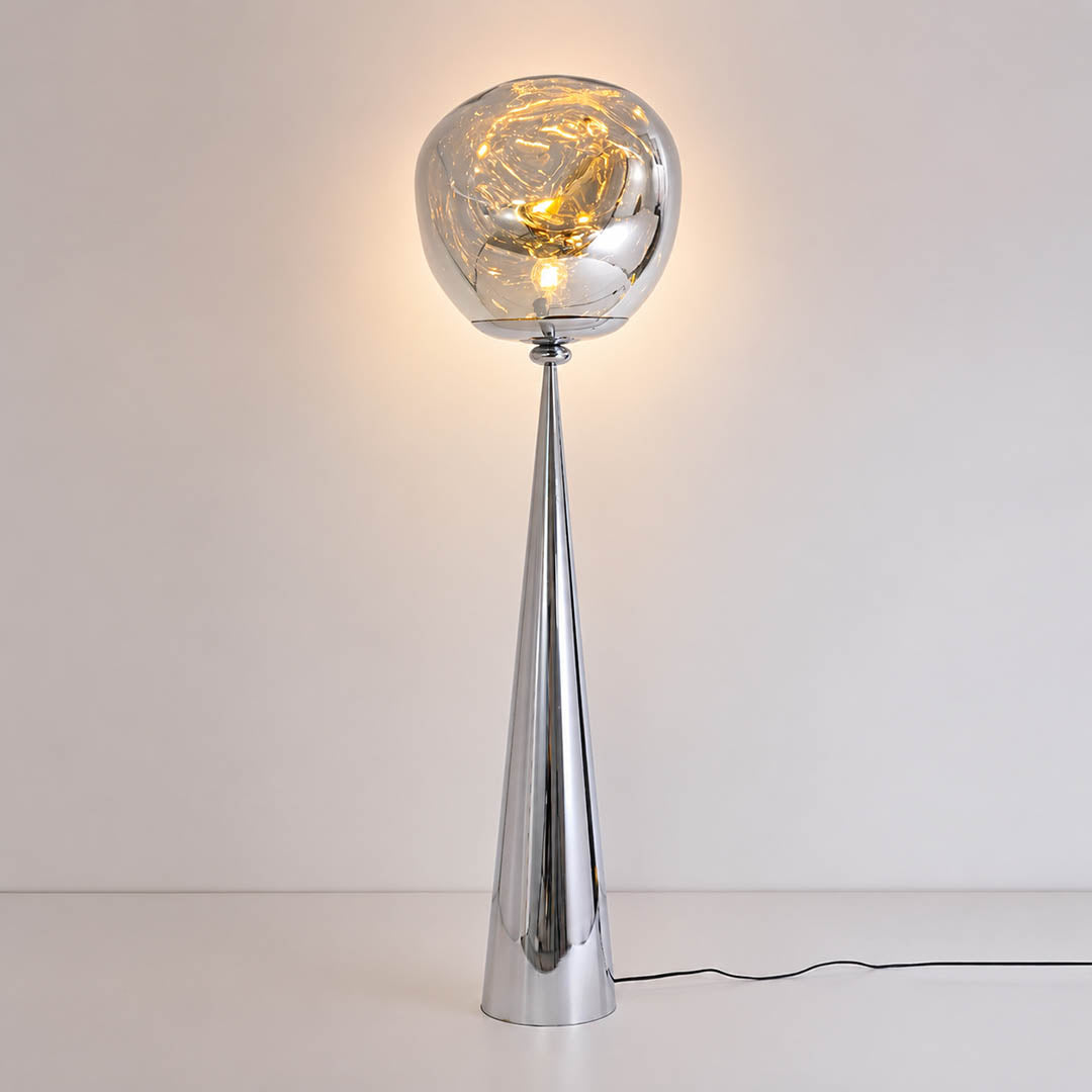 Lava sculptural floor lamp chrome metallic twisted molten spherical shade modern statement white background front view