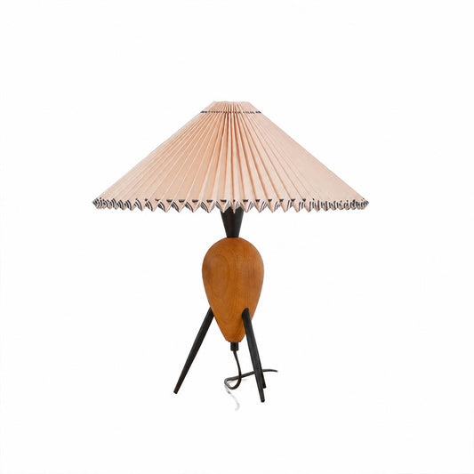 Legno table lamp mid century modern tripod burl wood base black metal legs beige pleated linen shade 15.7 inch MCM console entryway accent white background