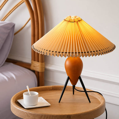 Legno table lamp modern primary bedroom bedside nightstand tripod burl wood pleated beige shade Mid Century Modern warm ambient intimate cozy sophisticated lifestyle interior American home