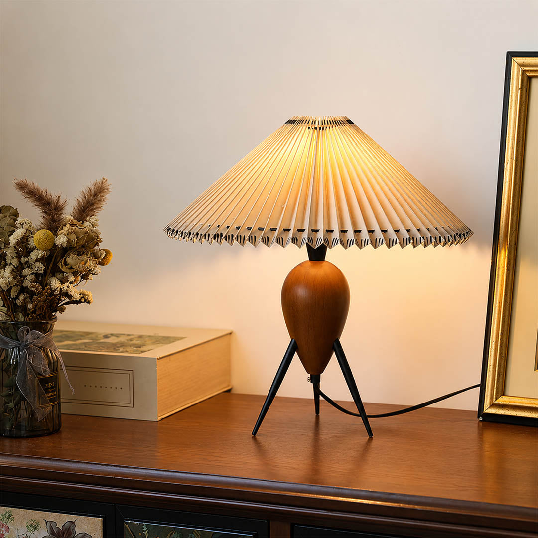 Legno table lamp modern primary bedroom dressing table vanity tripod burl wood pleated beige shade Mid Century Modern warm ambient morning routine feminine lifestyle interior American home