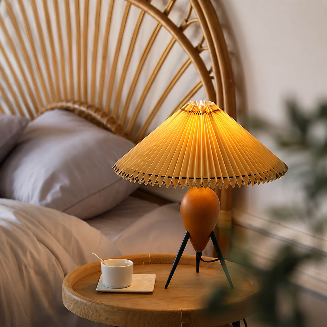 Legno table lamp modern primary bedroom bedside nightstand tripod burl wood pleated beige shade Mid Century Modern warm ambient intimate cozy sophisticated lifestyle interior American home