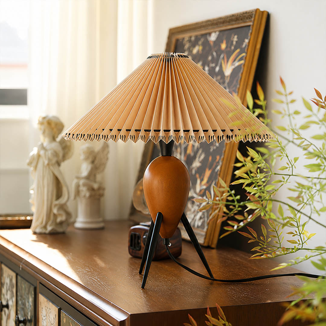 Legno table lamp mid century modern MCM home living room accent tripod burl wood pleated beige shade authentic period design warm ambient sophisticated lifestyle interior American home