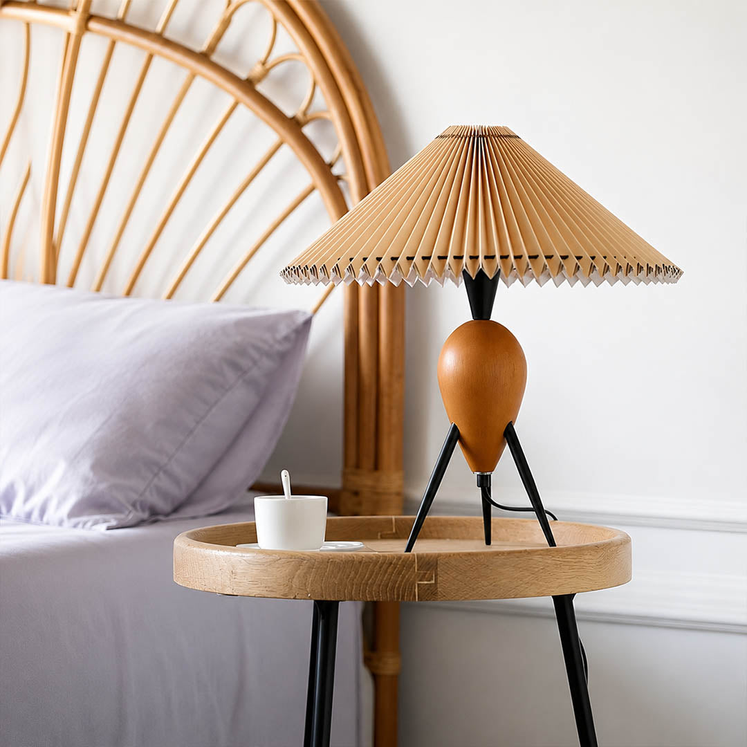 Legno table lamp modern primary bedroom bedside nightstand tripod burl wood pleated beige shade Mid Century Modern warm ambient intimate cozy sophisticated lifestyle interior American home