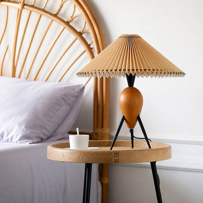 Legno table lamp modern primary bedroom bedside nightstand tripod burl wood pleated beige shade Mid Century Modern warm ambient intimate cozy sophisticated lifestyle interior American home