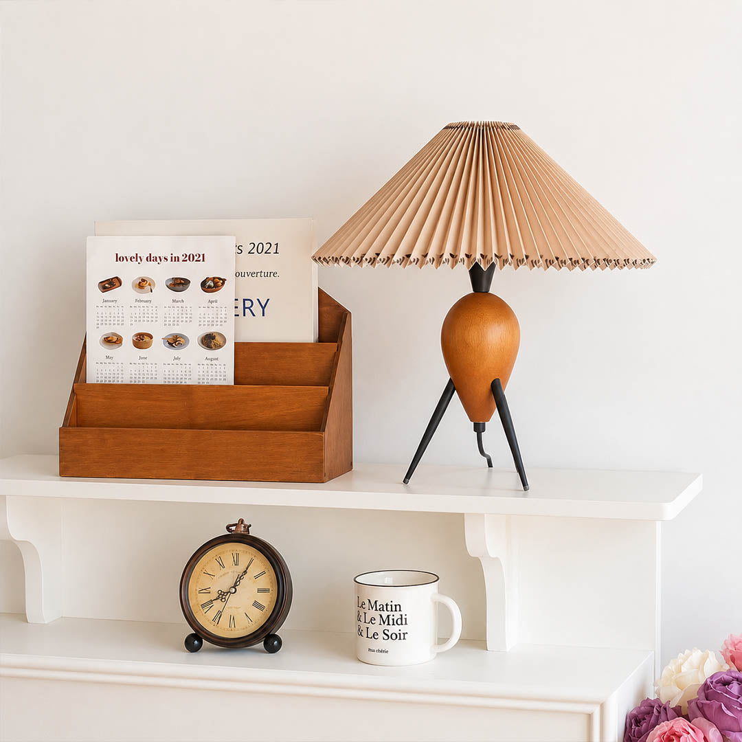 Legno table lamp modern entryway foyer console table welcome accent tripod burl wood pleated beige shade Mid Century Modern warm ambient vintage inspired sophisticated lifestyle interior American home