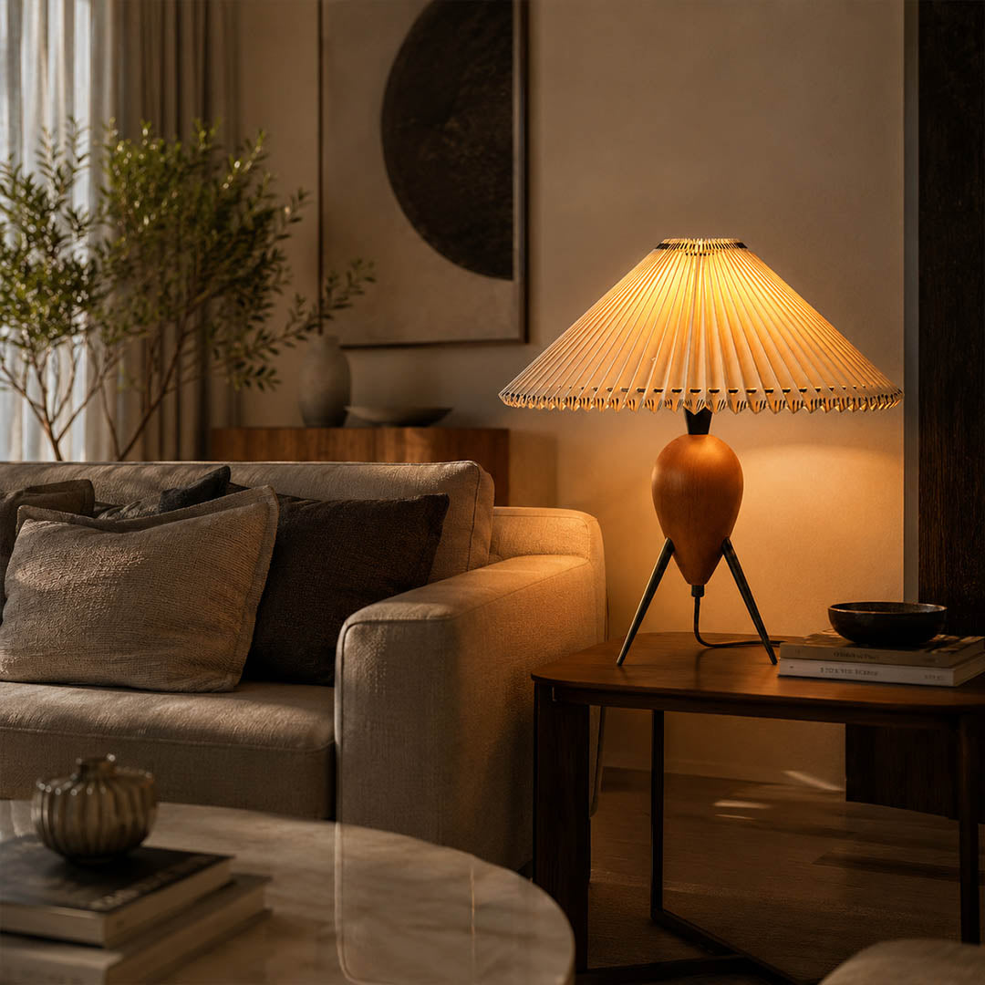 Legno table lamp modern living room side table sofa accent tripod burl wood pleated beige shade Mid Century Modern warm ambient sophisticated statement lifestyle interior American home