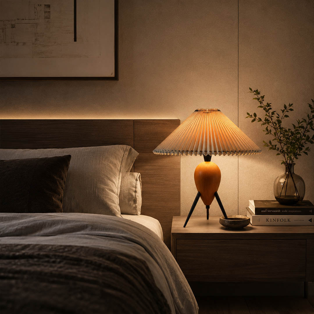 Legno table lamp modern primary bedroom bedside nightstand tripod burl wood pleated beige shade Mid Century Modern warm ambient intimate cozy sophisticated lifestyle interior American home