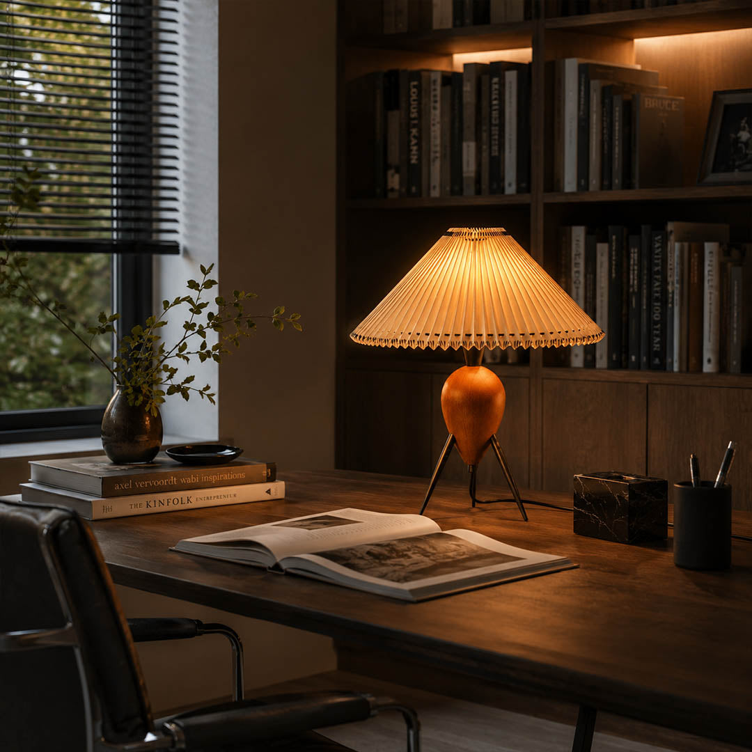 Legno table lamp modern home office desk workspace tripod burl wood pleated beige shade Mid Century Modern warm ambient functional creative sophisticated lifestyle interior American home