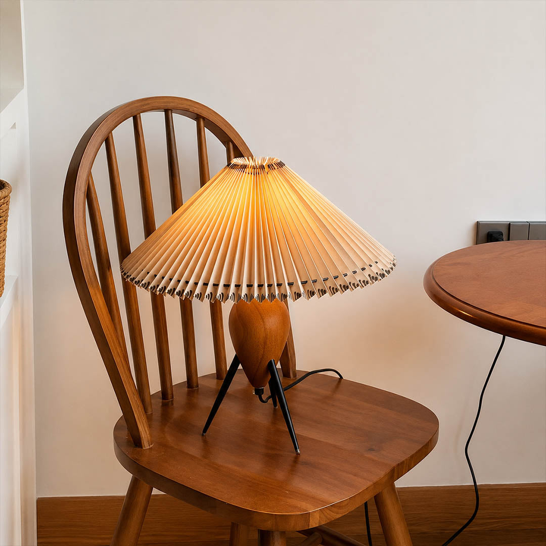 Legno table lamp modern dining room buffet sideboard console tripod burl wood pleated beige shade Mid Century Modern warm ambient sophisticated entertaining lifestyle interior American home