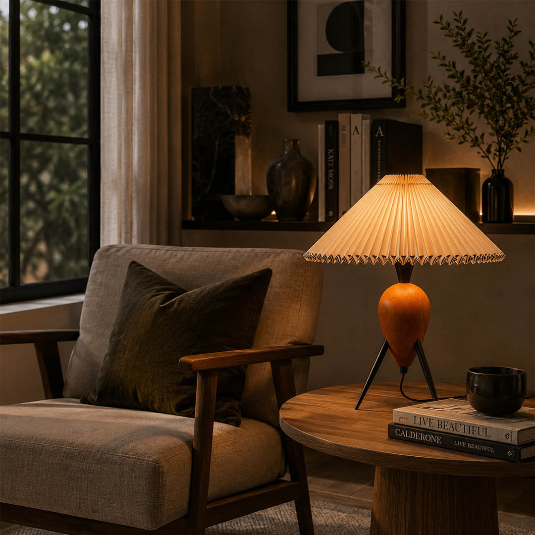 Legno table lamp modern library reading corner nook side table accent tripod burl wood pleated beige shade Mid Century Modern warm ambient intimate cozy lifestyle interior American home