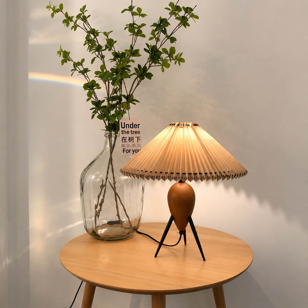 Legno table lamp mid century modern MCM home living room accent tripod burl wood pleated beige shade authentic period design warm ambient sophisticated lifestyle interior American home
