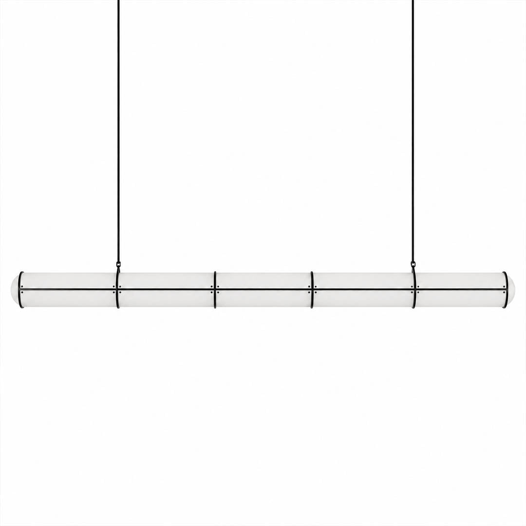 Linea pendant light modern linear LED acrylic 59 inch large black frame handcrafted frosted diffuser architectural minimalist kitchen island dining room integrated LED statement commercial hospitality white background