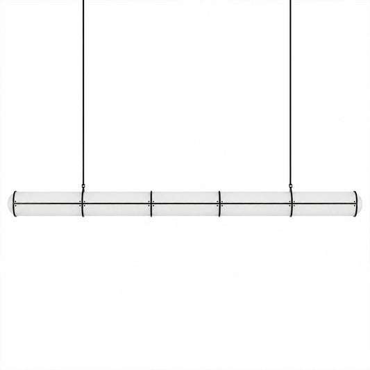 Linea pendant light modern linear LED acrylic 59 inch large black frame handcrafted frosted diffuser architectural minimalist kitchen island dining room integrated LED statement commercial hospitality white background