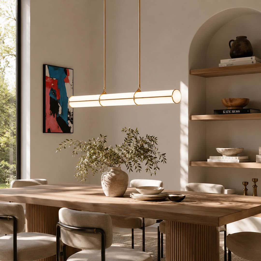 Linea pendant light 59 inch large black boutique restaurant hospitality commercial dining hall long table statement linear architectural minimalist warm ambient sculptural lifestyle interior