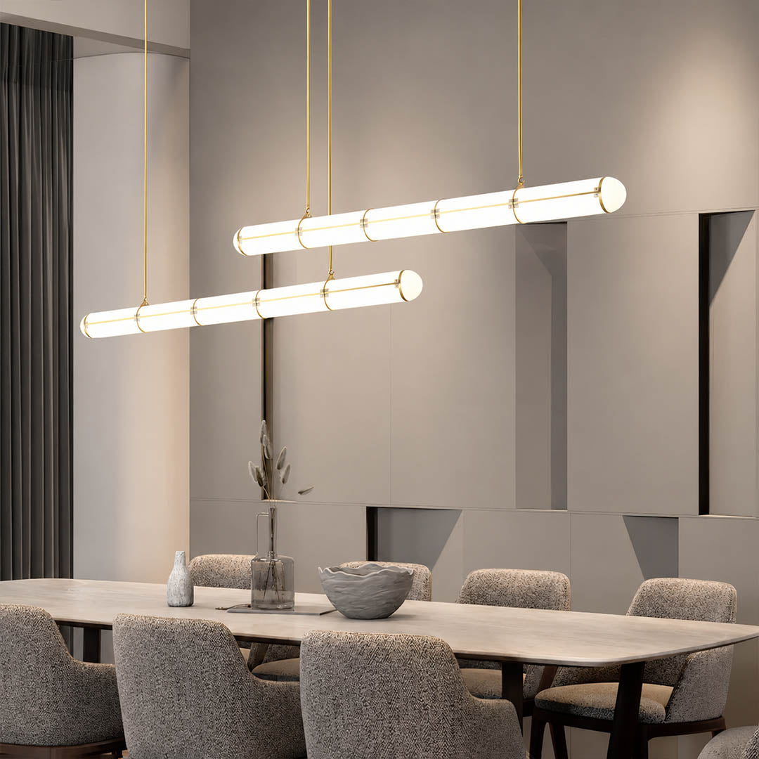 Linea pendant light 47.2 inch black modern dining room rectangular table statement linear architectural minimalist warm ambient sculptural elegant modern lifestyle interior