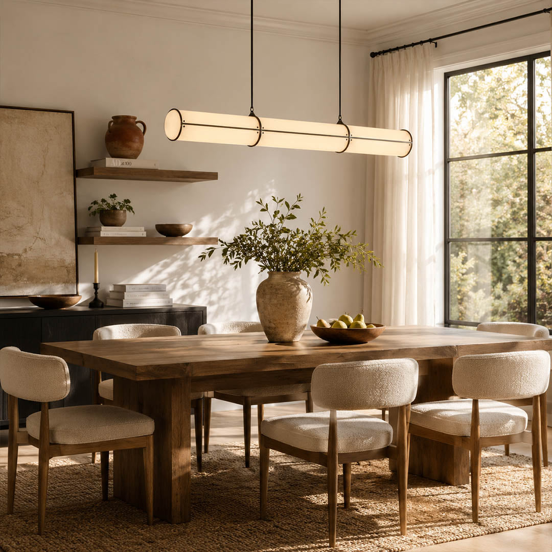 Linea pendant light 47.2 inch black modern dining room rectangular table statement linear architectural minimalist warm ambient sculptural elegant modern lifestyle interior